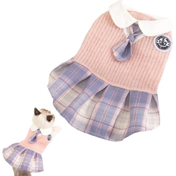 Elegant Puppy Pink Plaid Skirts for Dog Girl Chihuahua Yorkies Female Dog Clothes Cute Cat Princess Dresses with Necktie (M (5.5-8.8lbs))