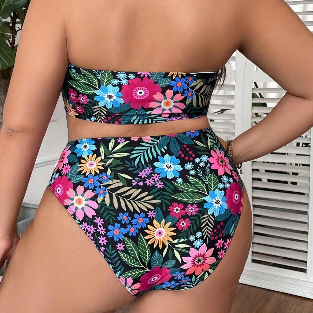 2024 Plus Size High Waist Bandeau Swimsuit - European & American Print