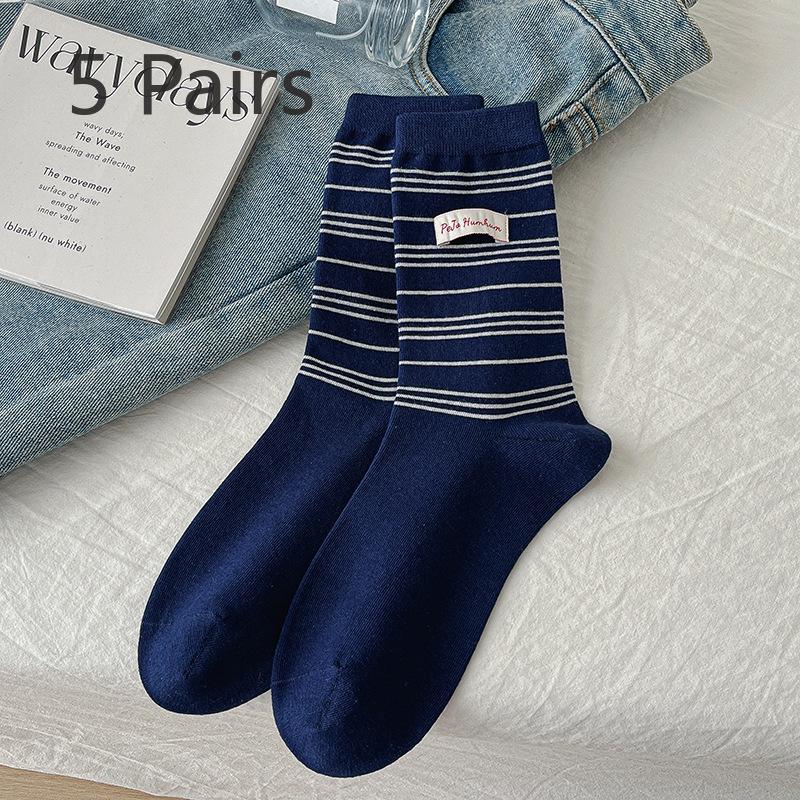 

5 пар женских повседневных универсальных тканевых полосатых преппи спортивных гольфов 5 Pairs белый/темно-синий