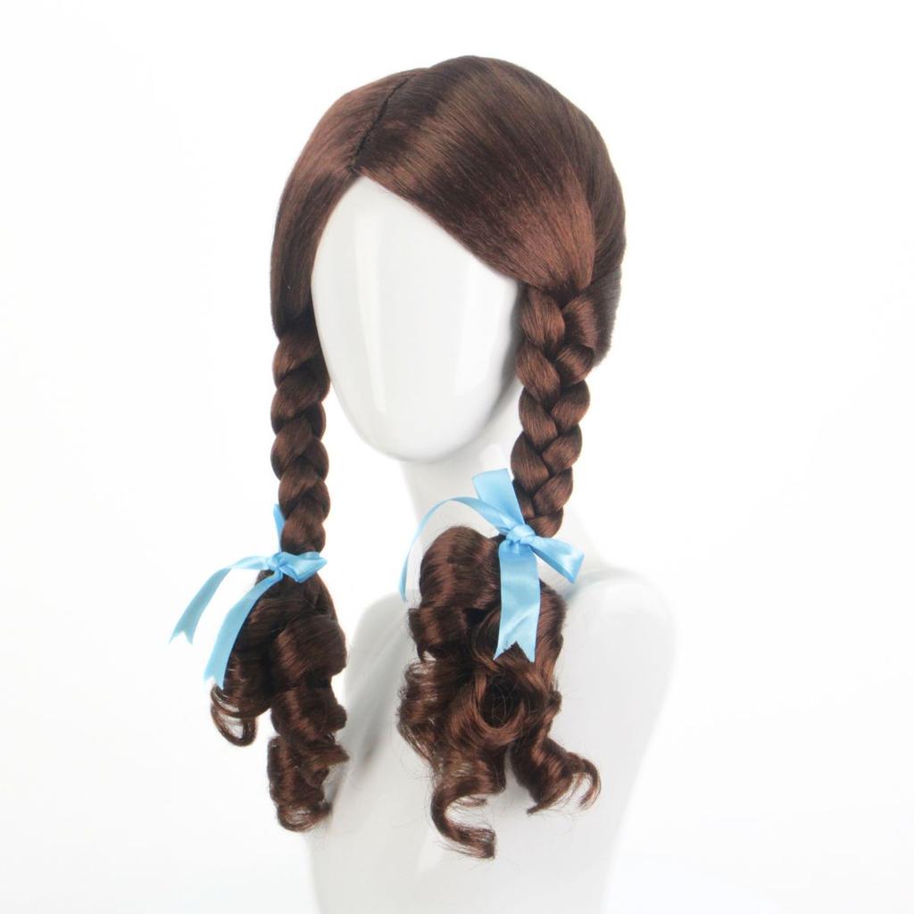 Anime Wig for Women And Girls Brown Double Ponytail Braid Synthetic Fiber Hair with Blue Ribbon Cosplay Party Gift