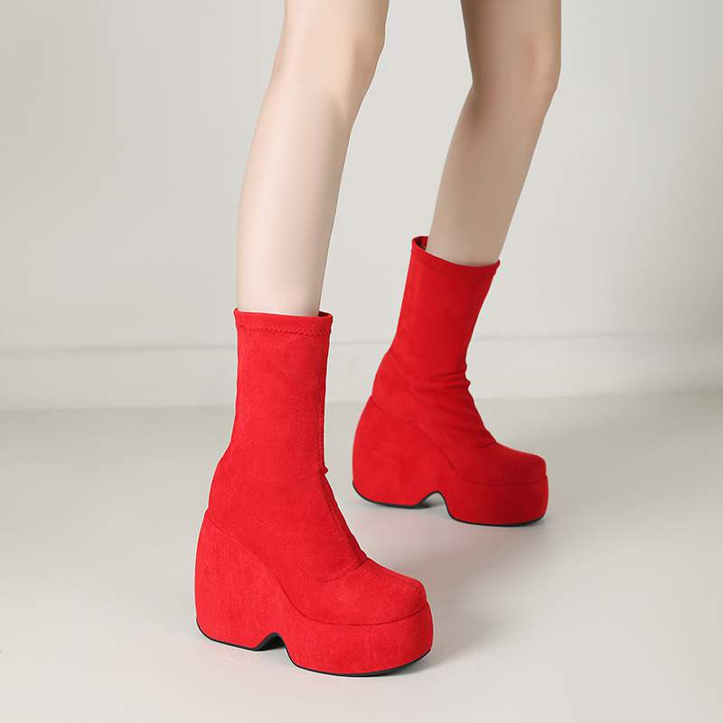 lenkisen Flock Herbst Winter Schuhe Super High Heels Keile Elastische Plateaustiefel Halten Warm Fashion Mid-Calf Stiefel