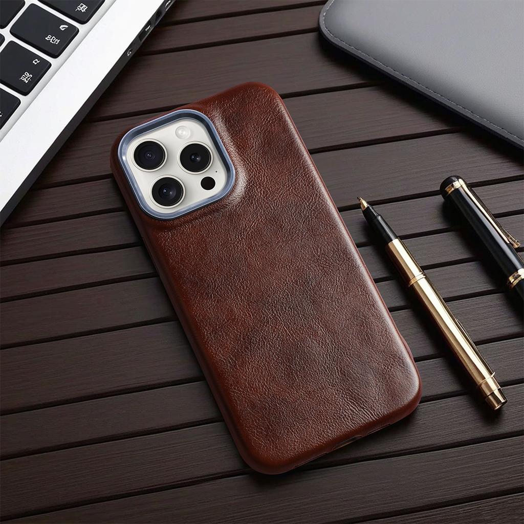 Coque Tout Compris en Cuir PU à Cadre Métallique Texturé Rétro Classique de Luxe Pour iPhone 15 Pro Max 16 14 Plus 13 12 11