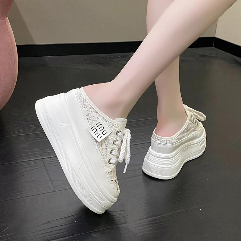 Fashion 9.5cm Increasing Height Women Slippers 2024New Summer Autumn Canvas Mules Shoes Ladies Round Toe High Wedge Platform Slides Shoe