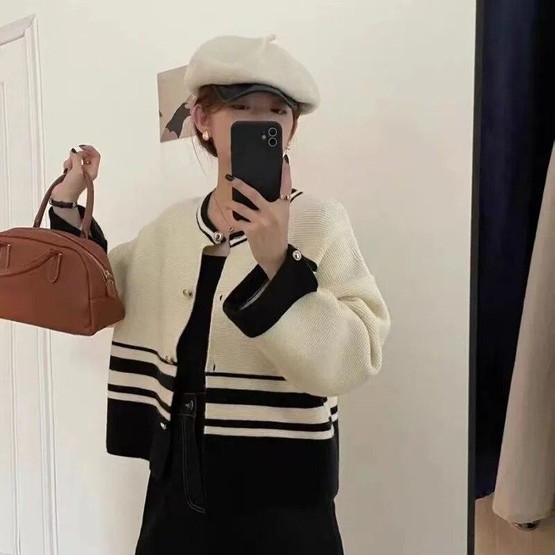 

Кардиган контрастного цвета, вязаный свитер, осенний свободный однобортный универсальный женский свитер с нишей и длинными рукавами и круглым вырезом