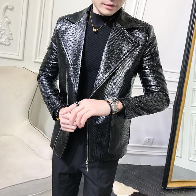 Men Autumn Design Biker Solid Color Casual Snake Leather Jacket Coat PU Leather Jackets Men British Style Men Motorcycle Vintage