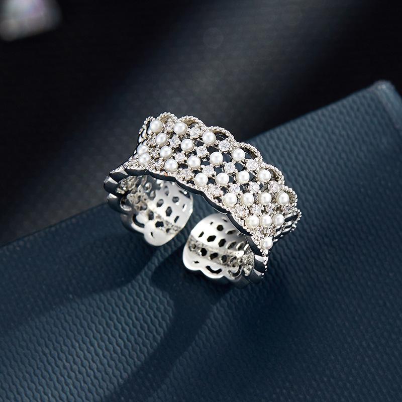 Meier Lace mesh inlaid pearl zircon open ring - stackable & adjustable 17#
