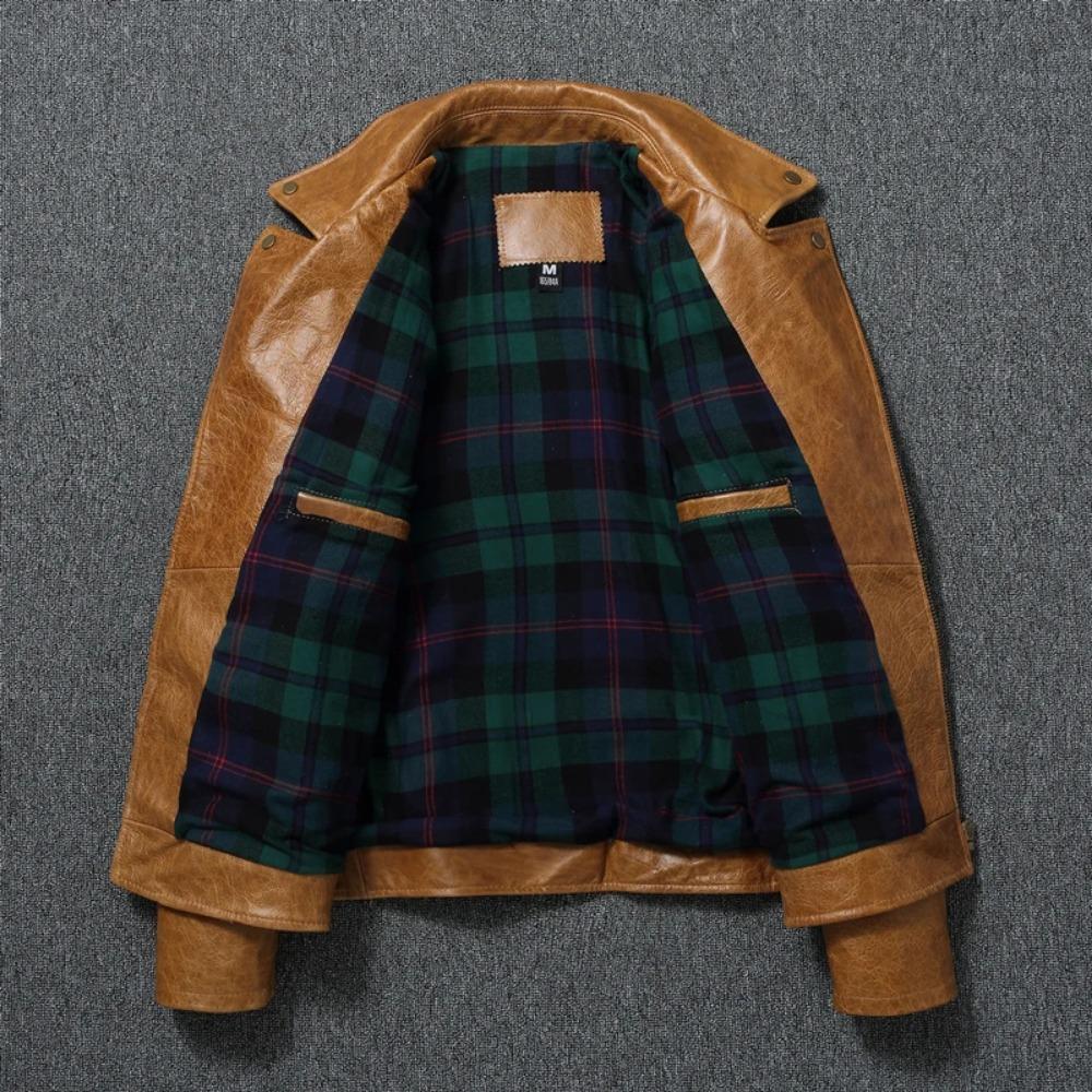 Chinese Size Men Leather Jackets Oil Waxed Yellow Brown Genuine Cow Leather Jacket for Men Cowhide Motorcycle Biker Jackets
