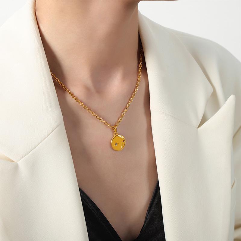 French Star & Moon Pendant Necklace in Titanium Steel with O-Shaped Chain - Versatile Clavicle Jewelry