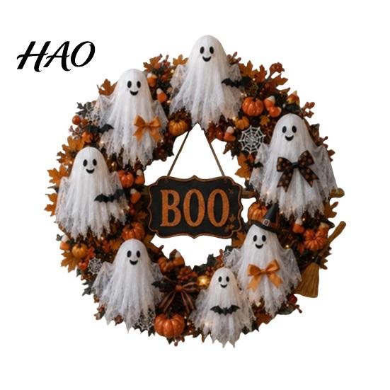 Kürbis-Netz-Geisterkranz Halloween Boo Kranz, Gruselige Türhänge-Dekoration mit Kürbissen Balkon Festlich Und Spinnweben für Veranda,