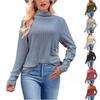 Women's Fashion Loose High Neck Side Pleated Button Long Sleeve T-Shirt Knit Top