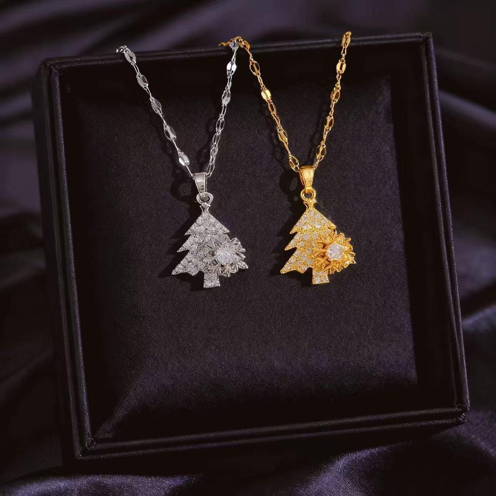 Christmas Tree & Cross Titanium Steel Necklace - Fashionable Women's Design with Micro-Inlaid Copper