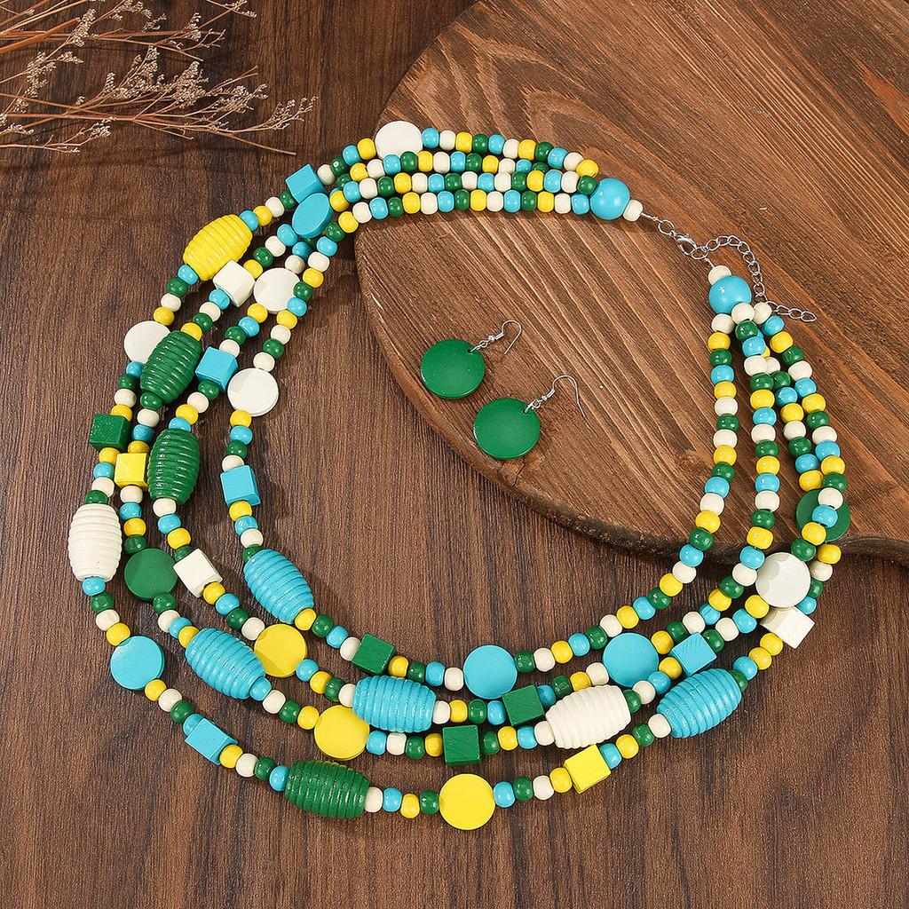 Handmade Geometric Wooden Bead Long Necklace Alloy Pendant For Women Decoration