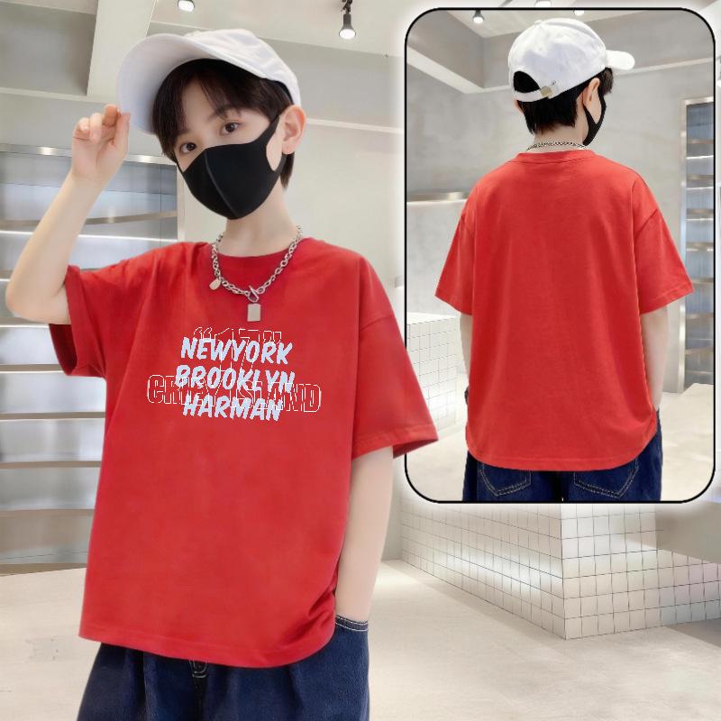 Boys Trendy Short Sleeve Letter Print Cotton T-shirt - Summer Loose Fit 110 (30-40 lbs)