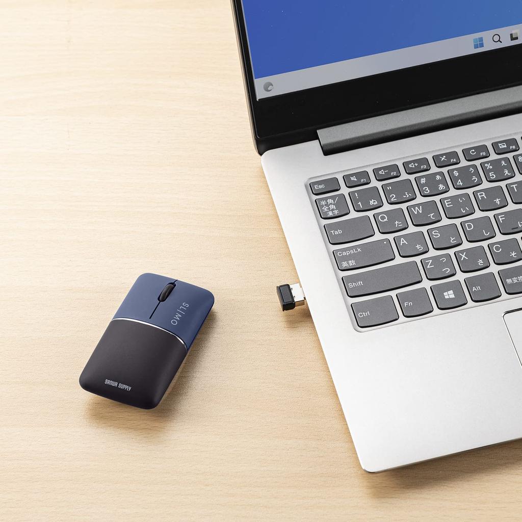 Sanwa Supply Silent Wireless Blue LED Mouse, Slim Design, SLIMO (Rechargeable, Type-C, Navy) MA-WCBS310NV