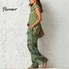 Casual Sleeveless Top Women Pants 2-Piece Set, Summer Ruffle Mock Neck Vacation Wear & Plaid Wide Leg Pants, Vintage Loose Outfit Set Relaxed