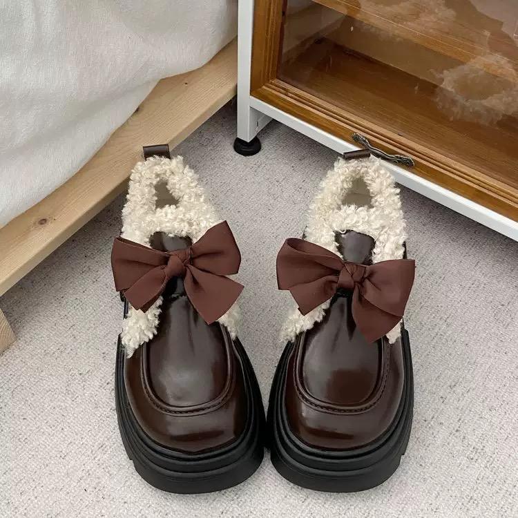 Fashion New Sweet Platform Shoes Women Warm Bow Vintage Kawaii Pumps Plush Ankle Boots for Women Female Casual Comfortable Boots
