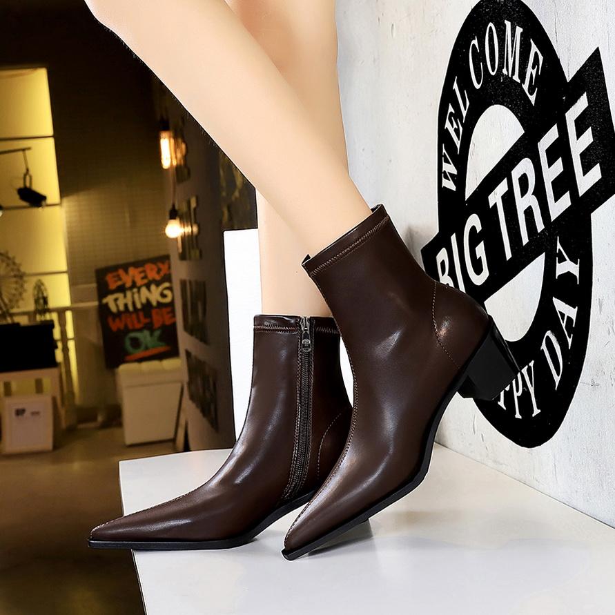 Fashion Fashion Women Ankle Boots Chelsea Boots Brown Shoes Autumn Winter Ladies Pointed Toe Side Zipper Sexy Chunky High Heels Booties