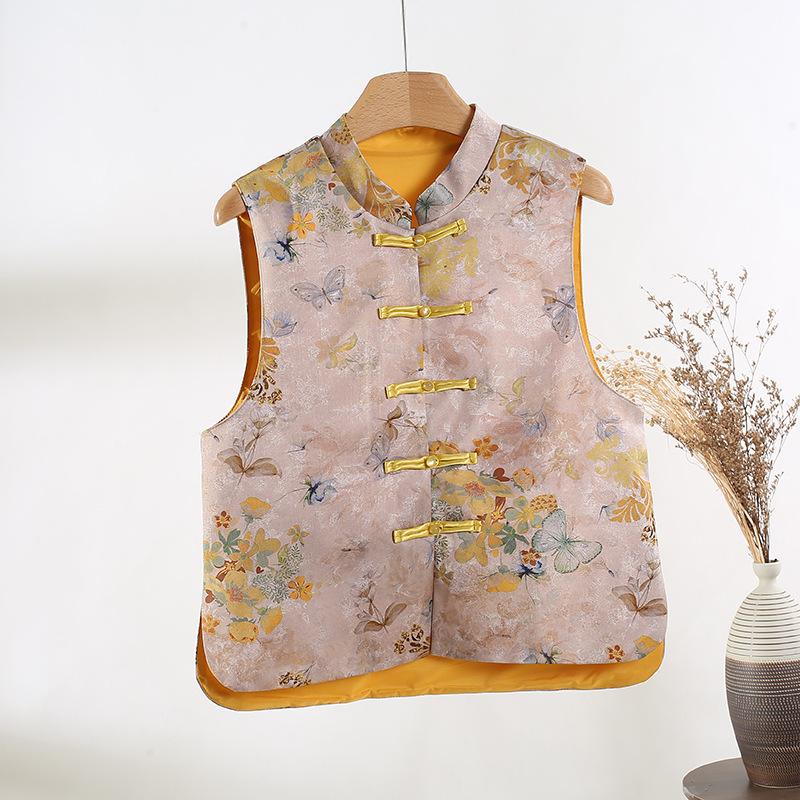 

Женский жаккардовый жилет с воротником-стойкой, ретро жилет без рукавов с застежкой-диском, осенний жилет-топ XXXL [Recommended 138-75kg]