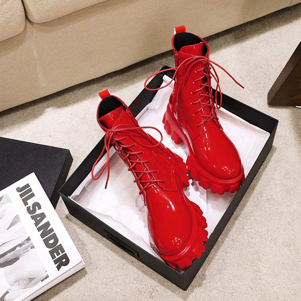 Women Boots Patent Leather Platform Shoes Ankle High Heel Boots Women Autumn Winter Warm Platform Boots