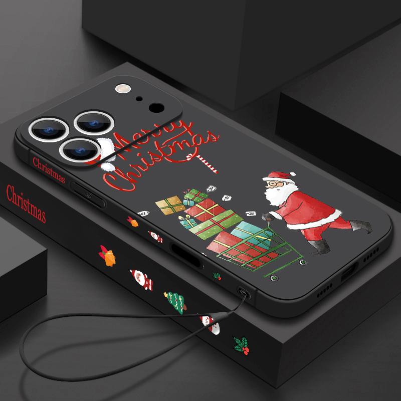 Cute Santa Claus Pattern TPU Soft Silicone Case For iPhone 17 Pro Max 16E 16 15 14 13 Pro Max 12 Pro 11 Shockproof With Lanyard Phone Cover Fundas