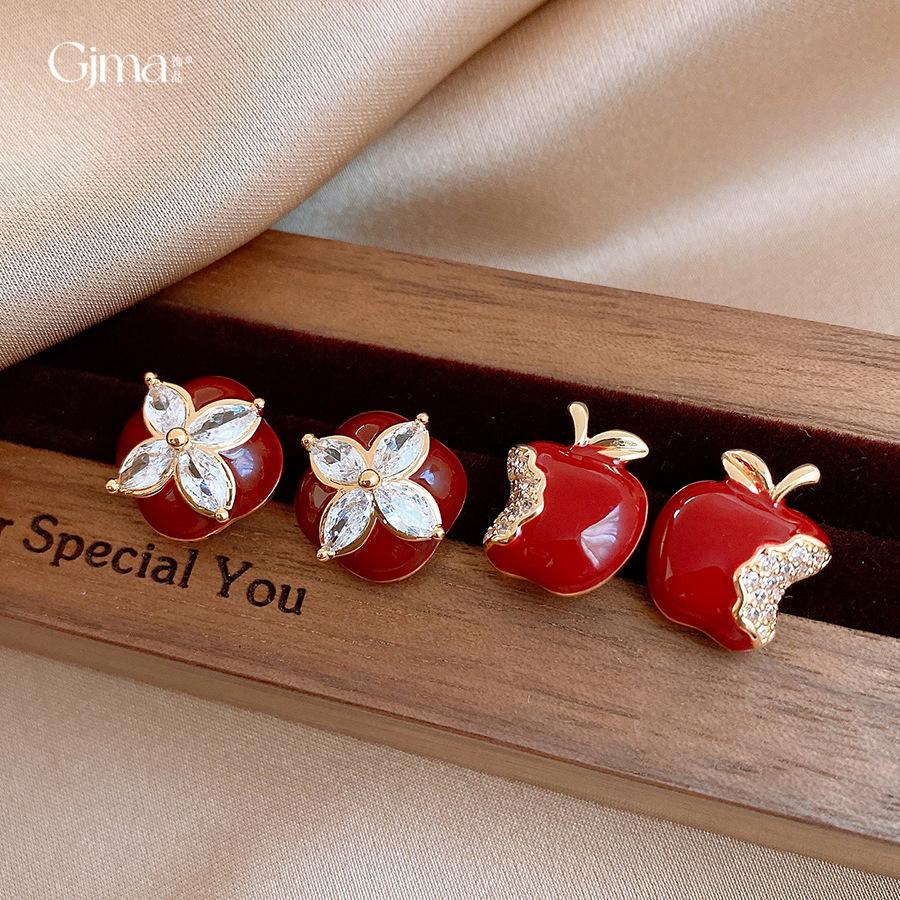 Vintage Simple Zircon Drip Oil Red Apple Earrings Stud Earrings Exquisite Earrings Women