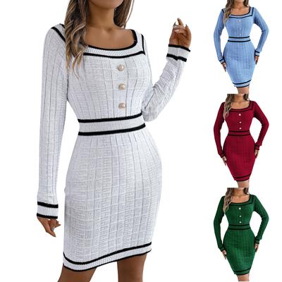 Moda feminina retro colorblock pescoço quadrado botão manga comprida camisola vestido quadril