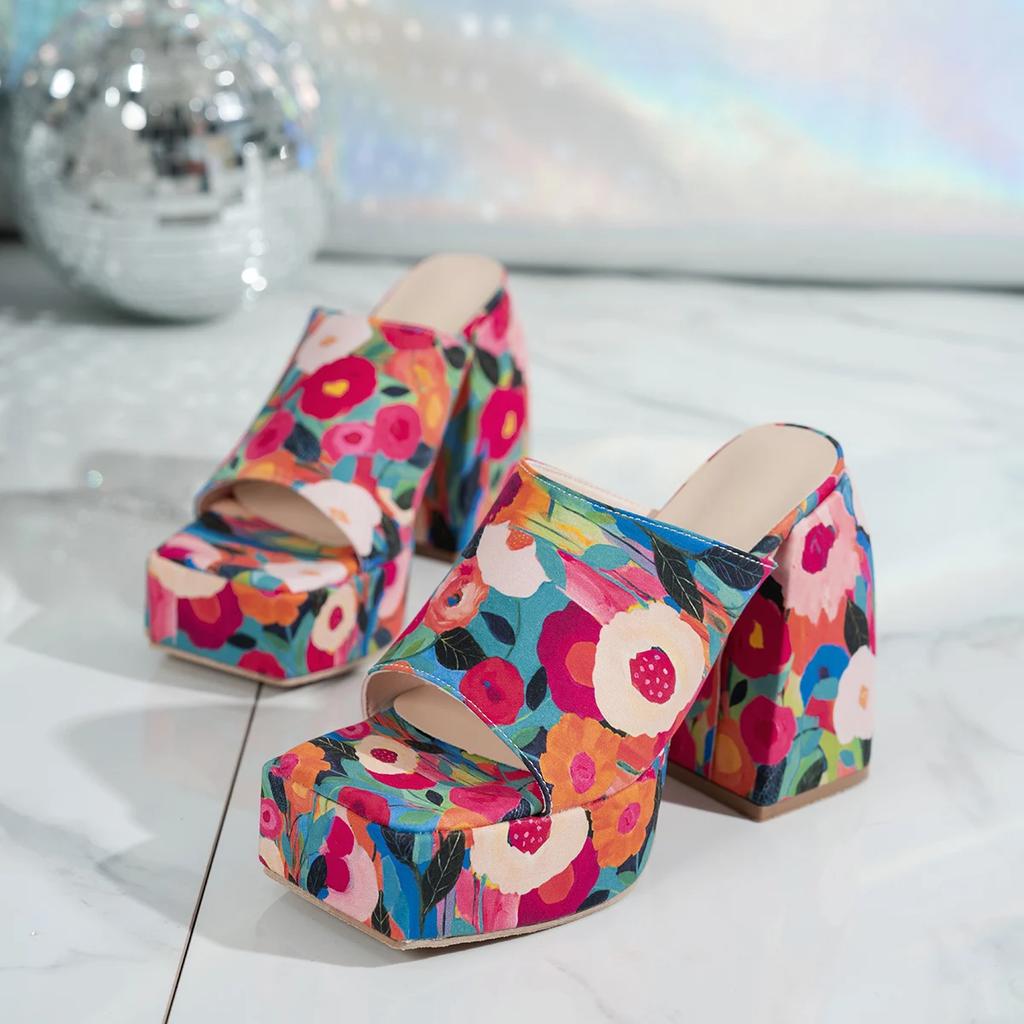 Fashion Brand Design Flower Printing Slip On Sandals Chunky Platform Super High Heel Slippers Women 2025 Summer Fashion Outdoor Slippers