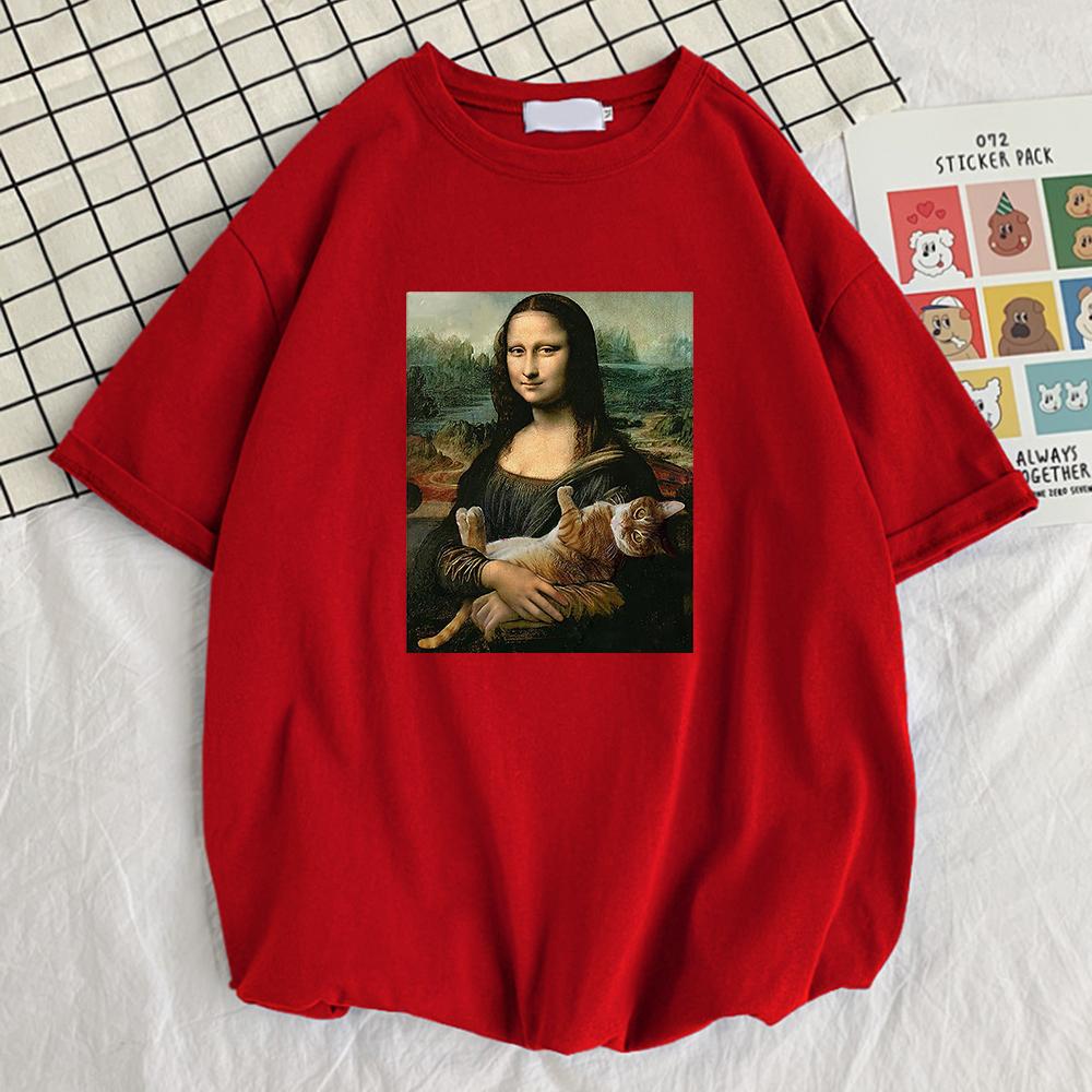 

Famous Painting Mona Lisa Hold Cat Prints Men Cotton T-Shirts O-Neck Creativity Short Sleeve Fashion Casual Mans Tee Clothing M