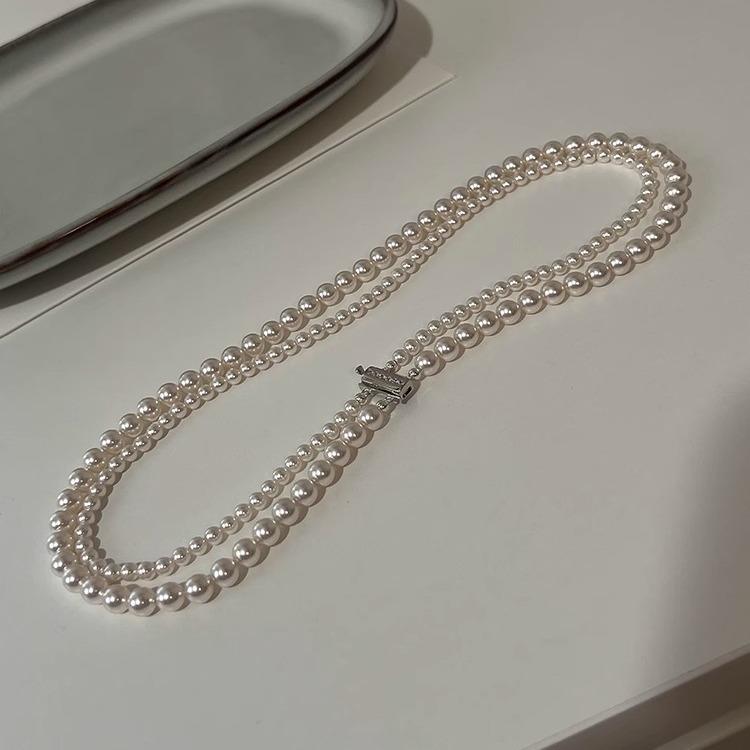 Treasure Box Buckle Double Glass Pearl Long Sweater Necklace Feeling Stacked Wearing Really Much Hemp Silver Gray Collarbone Chain