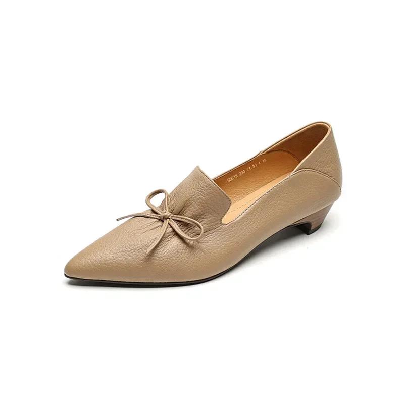 Office Lady Elegant Black Shoes Women's Pointed Toe Mid Heels 2026 New Genuine Leather Retro Pumps