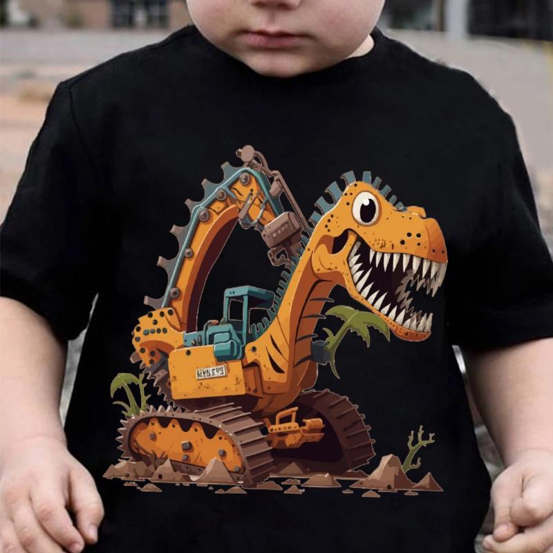 Summer Boys' Fashion Short Sleeve Dinosaur Excavator Element Print Outdoor Casual Top