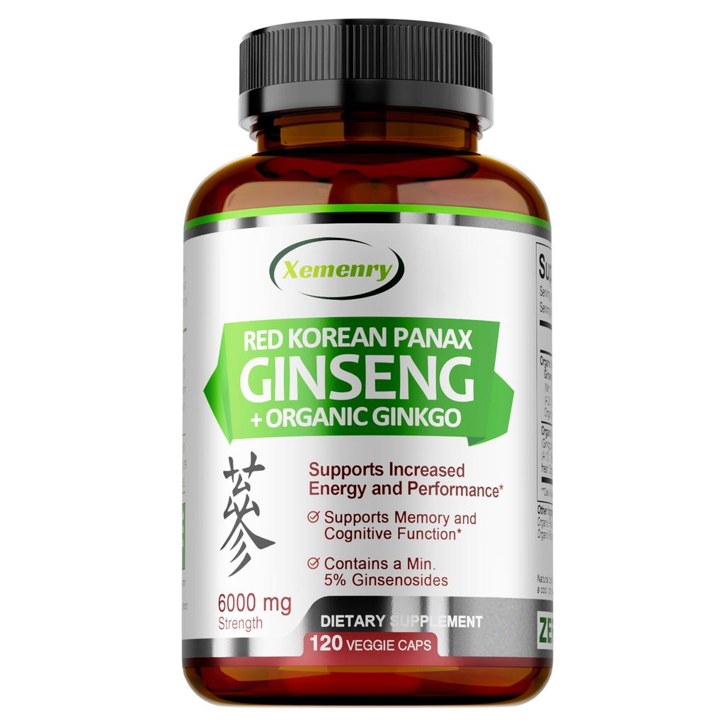XEMENRY Bio-Roten Ginseng, mit Ginkgo-Biloba-Extrakt, 6000 mg pro Portion, 120 Kapseln pro Packung, für Erwachsene geeignet.