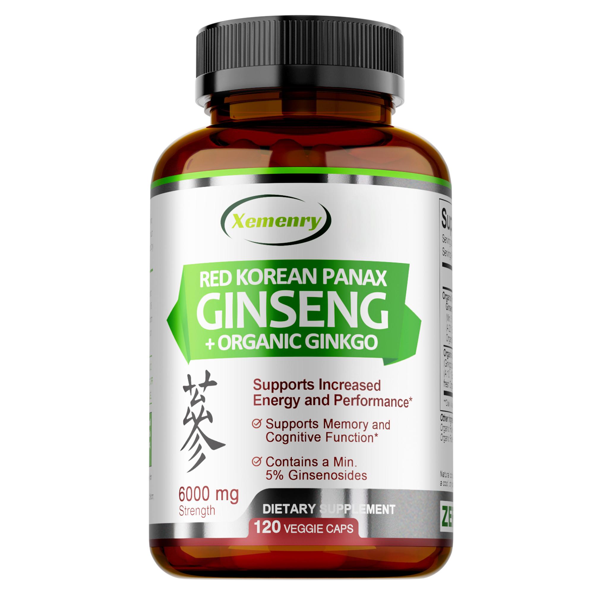 Xemenry Organic Red Ginseng and Ginkgo Capsules, 6000mg Strength, Plant Extracts, Contains Ginsenosides, Suitable for Adults 120*1