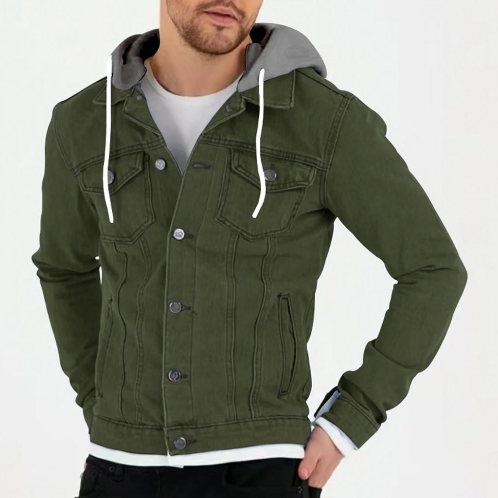 Men's Solid Color Outdoor Workwear Casual Loose Long-Sleeved Hooded Denim Jacket