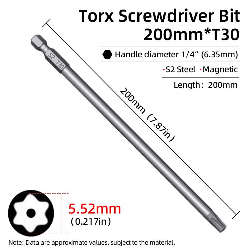 200mm Torx Screwdriver Bits Magnetic Hollow Plum Blossom Head S2 Steel Security Bit T6-T40 1/4'' Hex Shank Hand Power Tools