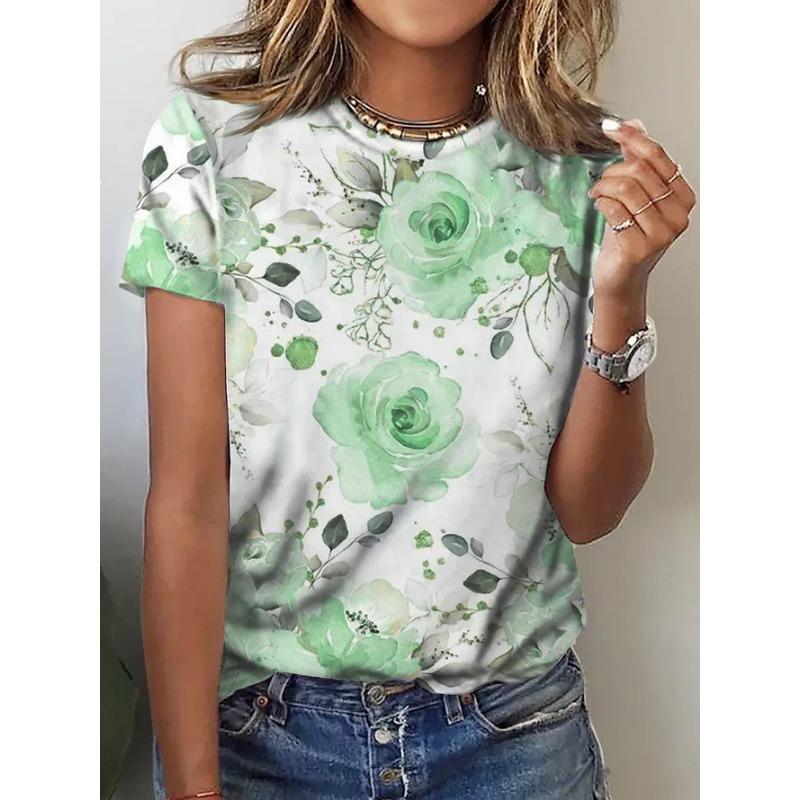 2025 Women's Street Fashion T-shirt Flower 3D Printed Short Sleeve Daily Versatile Casual Loose Round Neck Top Women's Wear