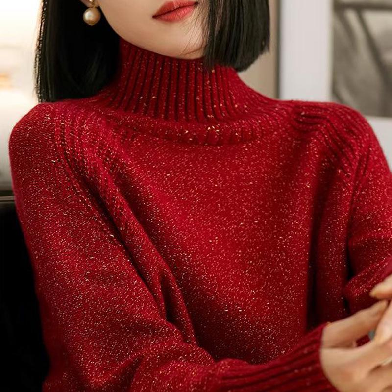 Elegant Red Sequin High-Neck Sweater: Women's Warm Knit Top for Autumn/Winter 2024