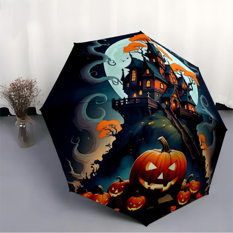 1pc Scary Halloween Haunted_House Automatic Folding Umbrella, Lightweight Retractable Compact Travel Umbrella, 8-Rib Sturdy Frame011