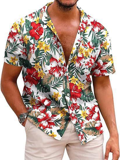 Tropical Leaf Print Short Sleeve Shirt, Casual Summer Wear for Men