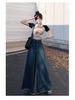 2024 Retro High Waist Wide Leg Denim Skirt with Frayed Edges for Spring & Autumn