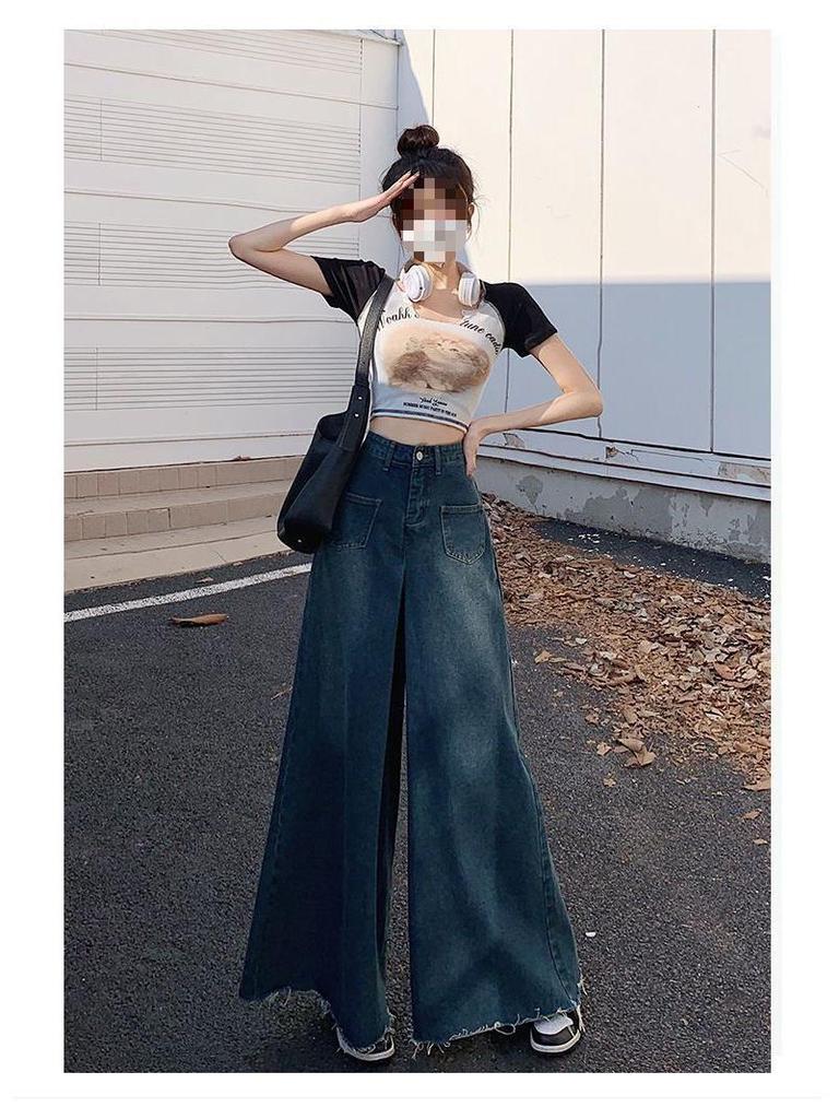 2024 Retro High Waist Wide Leg Denim Skirt with Frayed Edges for Spring & Autumn