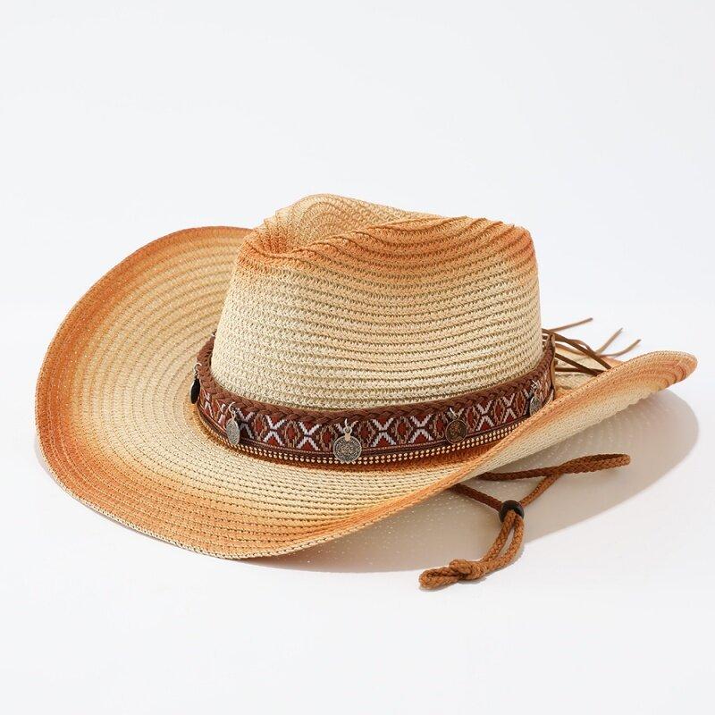 Ethnic style straw woven western cowboy hat for men and women summer Xinjiang travel big brim straw hat sunshade jazz hat