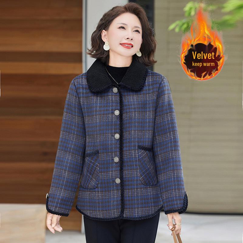 Women's 50+ Plaid Plus Velvet Warm Coat - Lightweight Autumn/Winter Cotton Jacket