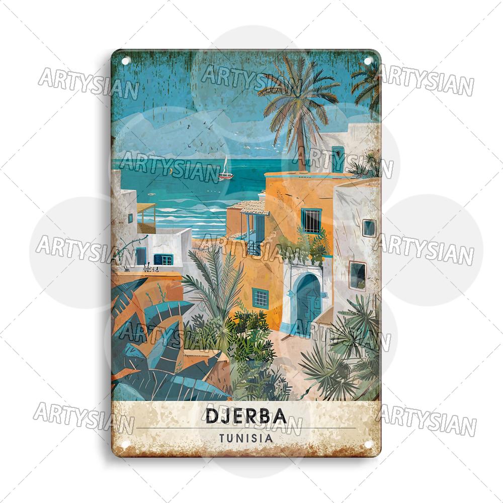 Maghreb Travel Cityscape Metal Sign Alger Algeria Djerba Tunisia Chefchaouen Morocco Marrakesh Zarzis Oran Tiaret Kabylie