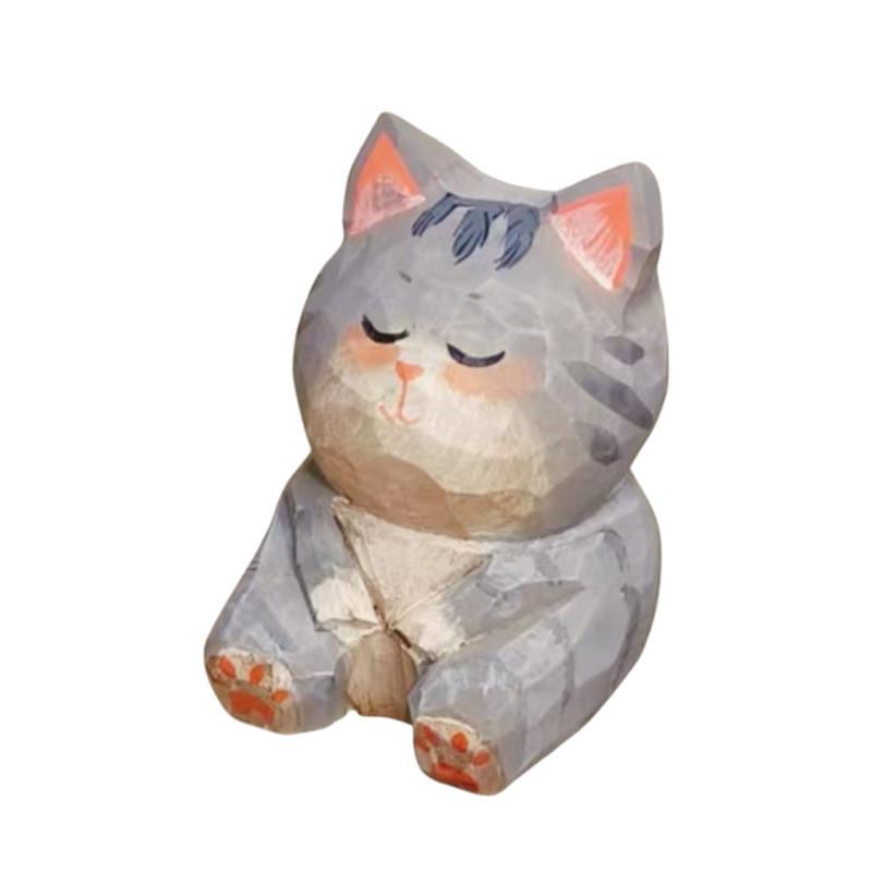 Wooden Lucky Cat Craft Decor With Cute Design For Home Office And Car Interior