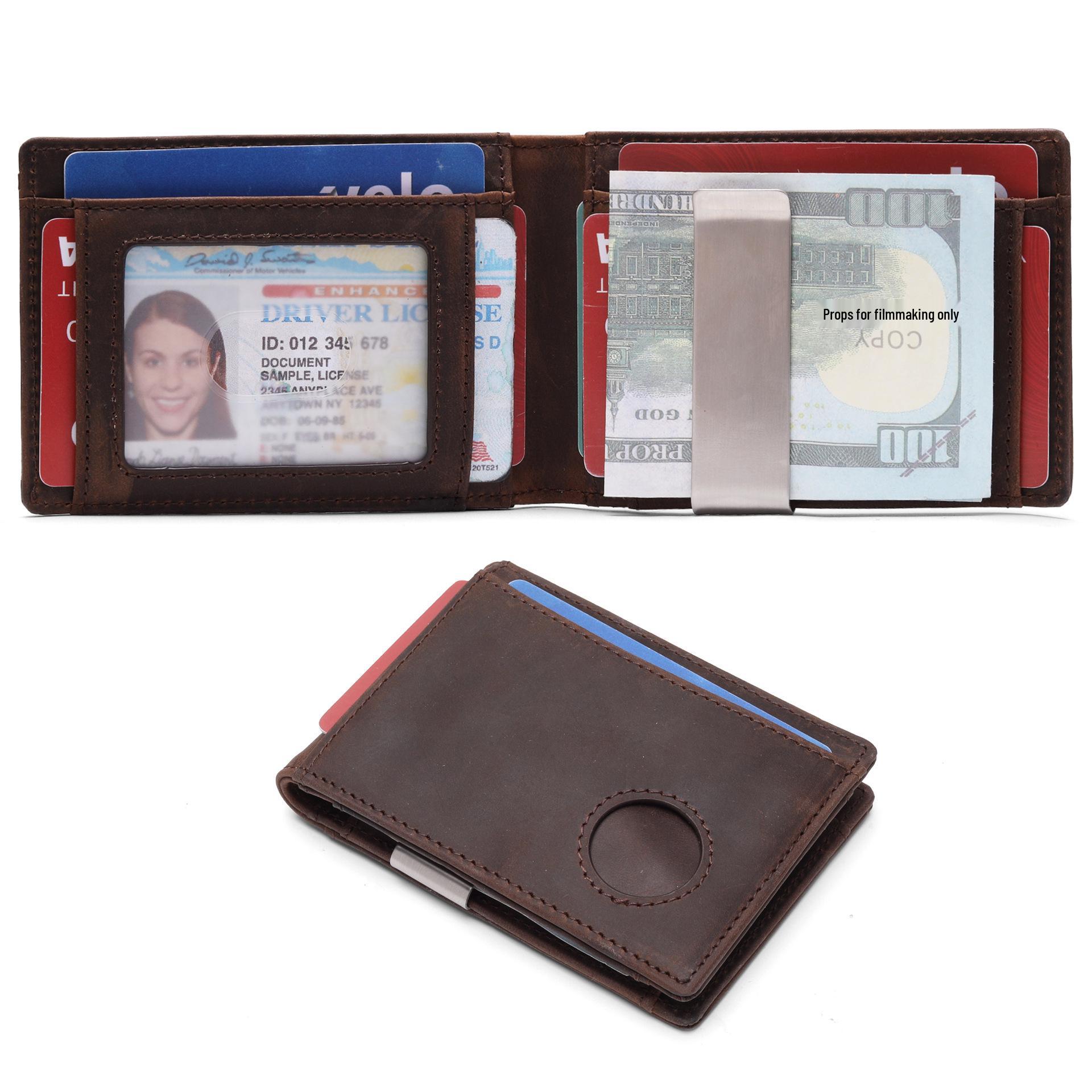 

Мужской кошелек из кожи Crazy Horse с RFID-защитой, держателем для AirTag, зажимом для денег, множеством отделений для карт и защитой от кражи. темно-коричневого