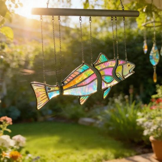 Handcrafted Stained Glass Fish Suncatcher Acrylic Fish Window Hanging Ornament Handmade Iridescent Fish Wind Chime for Patio Garden Home