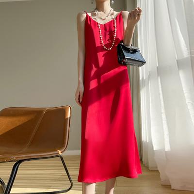 Essigsäure V-Ausschnitt Trägerkleid für Damen Sommer Neu Seidig Drapierend und Voller Midilänge Vielseitiger Einfarbiger Rock