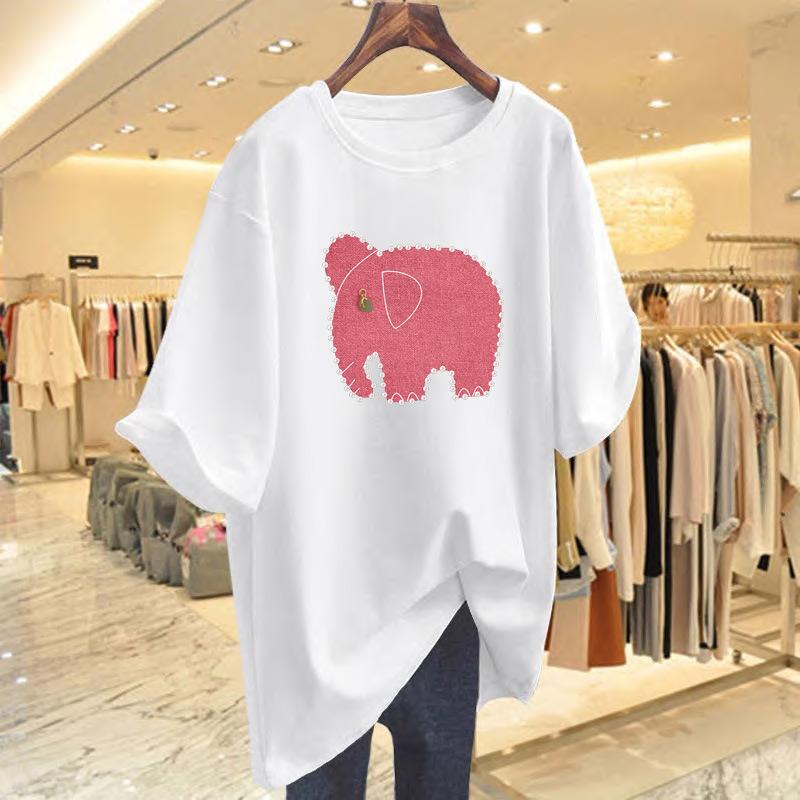 

Pink cotton T-shirt women s 2025 summer new medium and long loose elephant print short-sleeved t-shirt top S