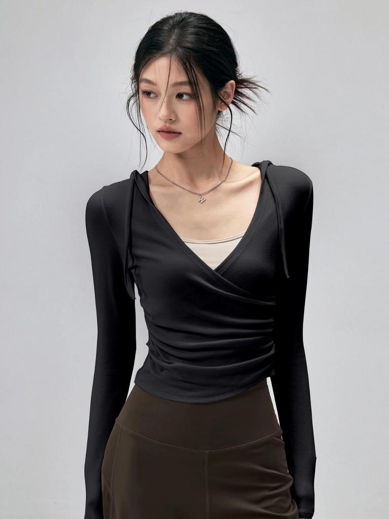 Women's Hooded Long Sleeve Yoga Top - Slimming, Breathable, Waist-Cinching Sports Cover-Up for Pilates Training, Autumn Comfort.